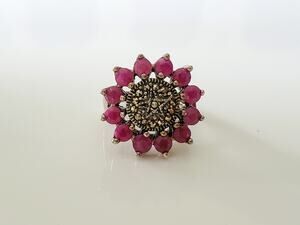 Vintage Sterling Silver Sunflower Ruby and Marcasite Ring
